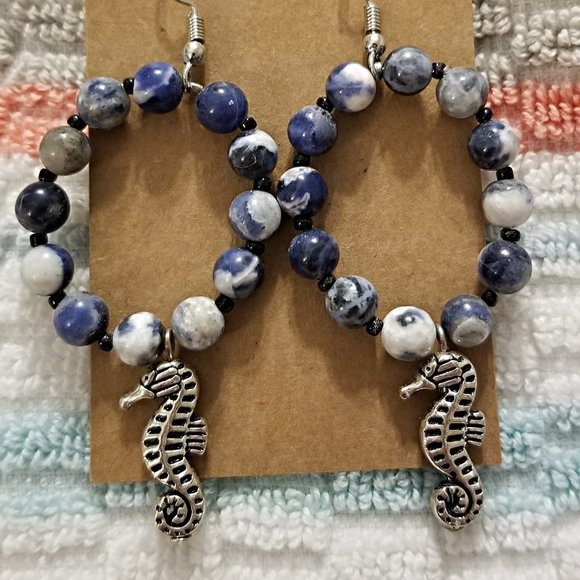 Seahorse Sodalite Hoop Earrings Handmade - Picture 2 of 2